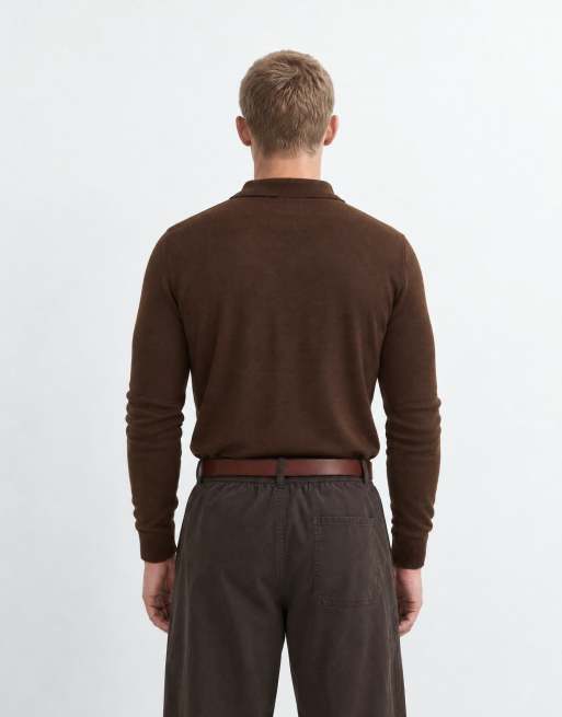 Brave Soul gebreide trui met kwartrits en poloknoopsluiting in chocoladebruin, 10 van 10