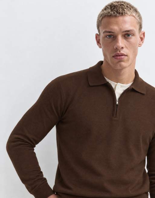 Brave Soul gebreide trui met kwartrits en poloknoopsluiting in chocoladebruin, 6 van 10