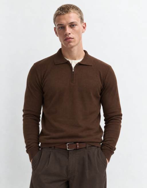 Brave Soul gebreide trui met kwartrits en poloknoopsluiting in chocoladebruin, 7 van 10
