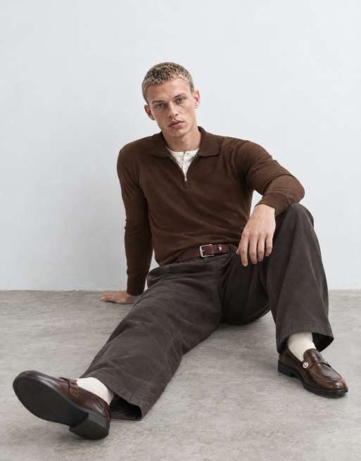 Brave Soul gebreide trui met kwartrits en poloknoopsluiting in chocoladebruin, 8 van 10