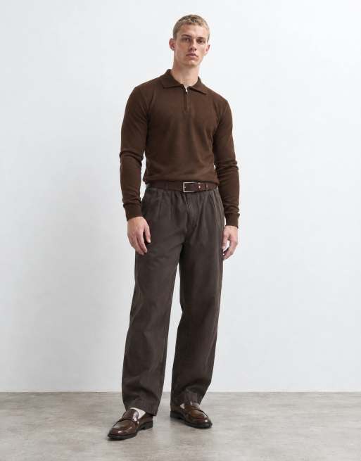 Brave Soul gebreide trui met kwartrits en poloknoopsluiting in chocoladebruin, 9 van 10