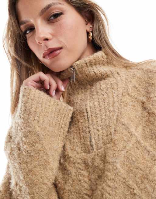 Brave Soul - Gebreide trui met textuur en korte rits in camel, 2 van 4