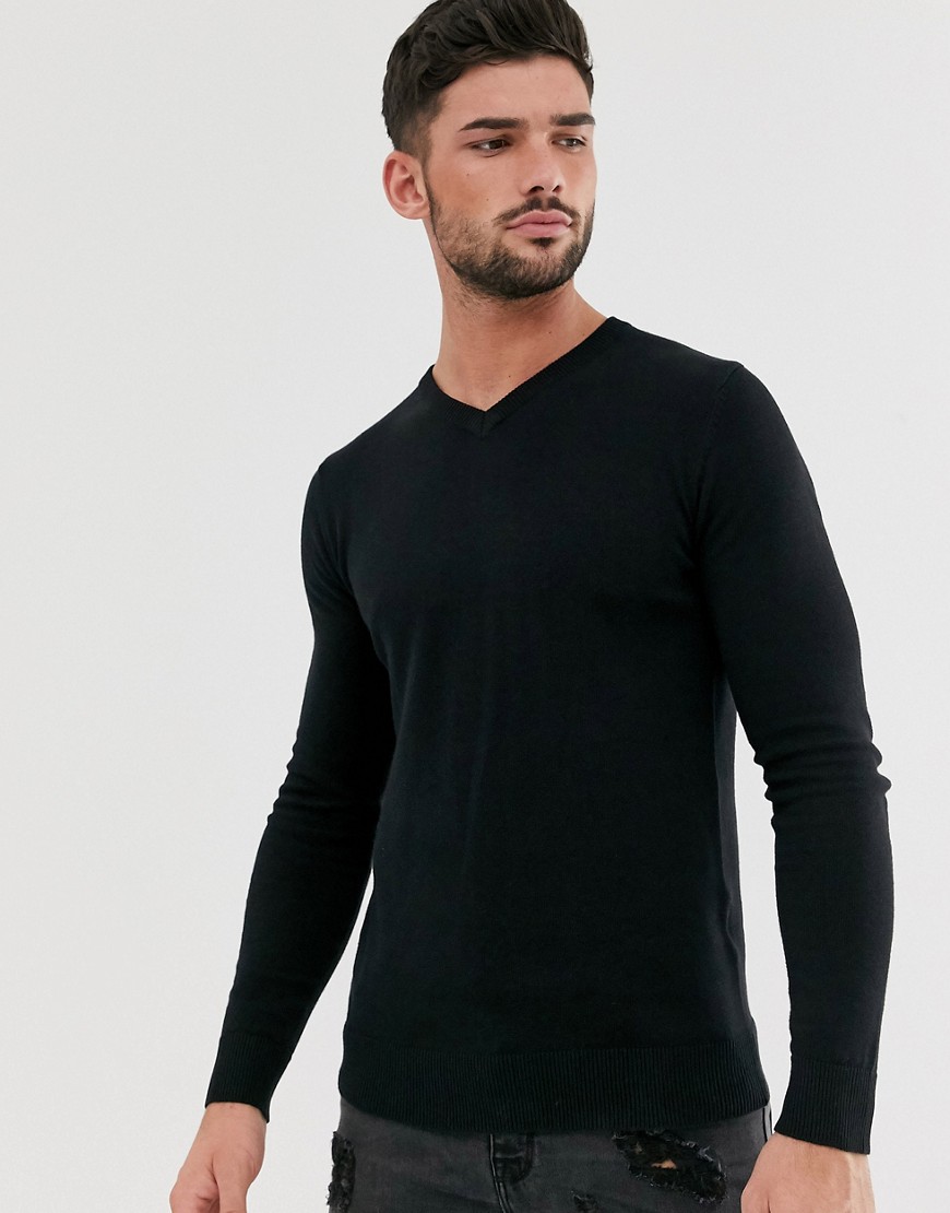 Brave Soul - Gebreide trui van 100% katoen met V-hals in zwart