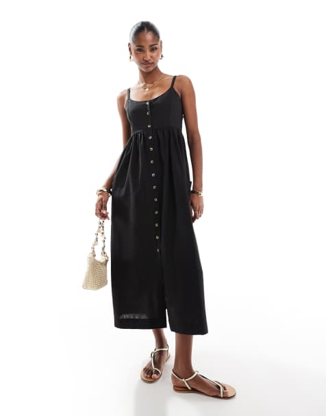 Brave Soul – Geknöpftes Träger-Midikleid in Schwarz - view 1
