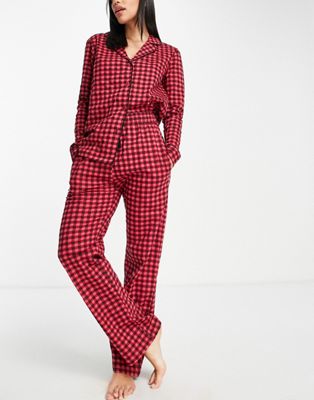 Brave Soul gemma long pyjama set in burgundy check