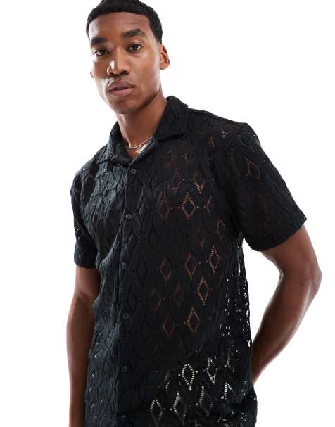 Brave Soul Geometric crochet short sleeve shirt in black