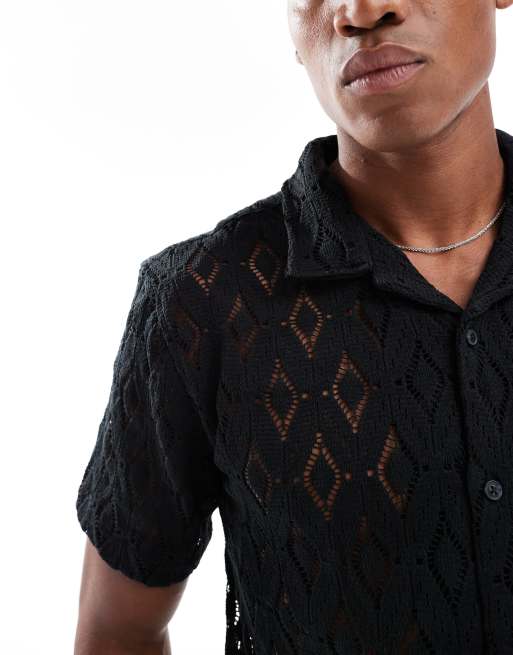 Brave Soul Geometric crochet short sleeve shirt in black, 2 of 4