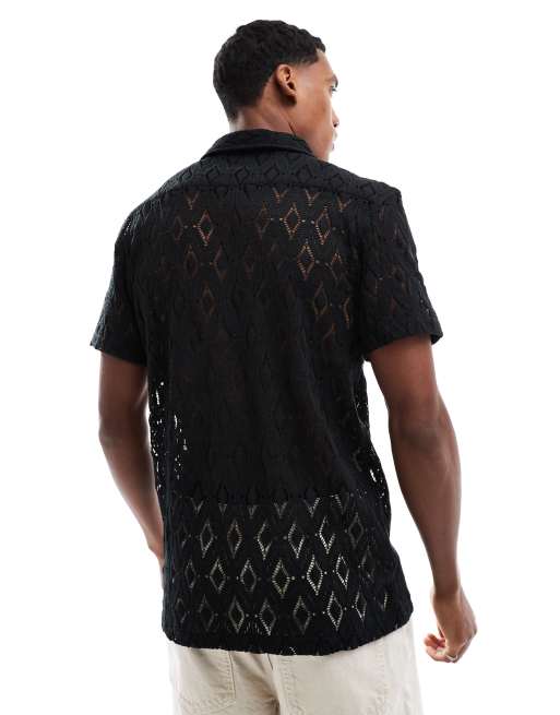 Brave Soul Geometric crochet short sleeve shirt in black, 3 of 4