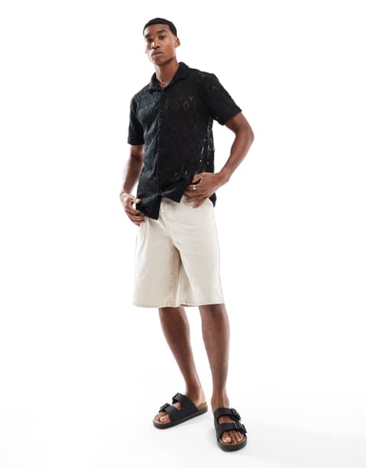 Brave Soul Geometric crochet short sleeve shirt in black, 4 of 4