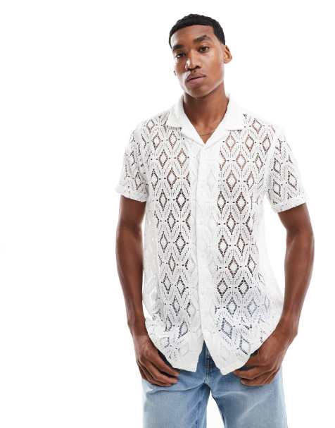Brave Soul Geometric crochet short sleeve shirt in white