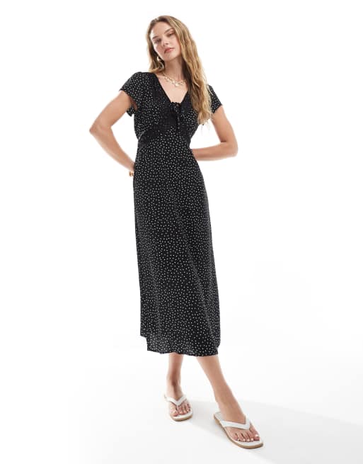 Brave Soul – Gepunktetes Midikleid in Schwarz mit Bindedetail vorne und Spitzendesign, 3 von 4