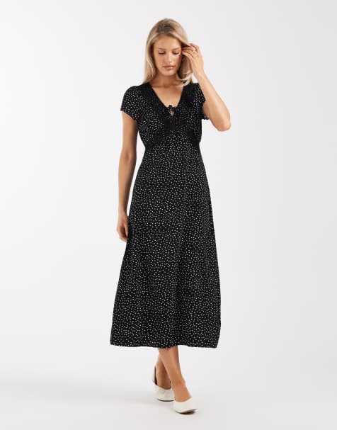 Brave Soul – Gepunktetes Midikleid in Schwarz mit Bindedetail vorne und Spitzendesign - view 1