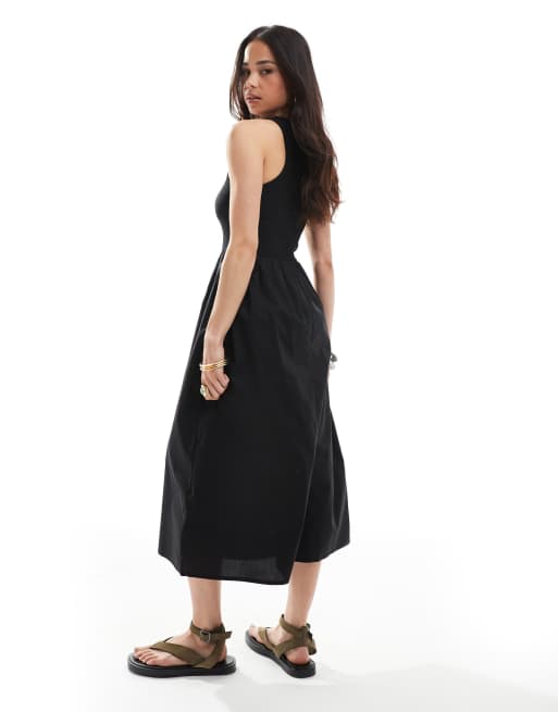 Brave Soul - Geribbelde midi jurk met poplin rok in zwart , 2 van 4