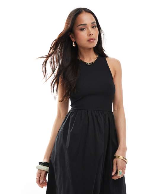 Brave Soul - Geribbelde midi jurk met poplin rok in zwart , 4 van 4