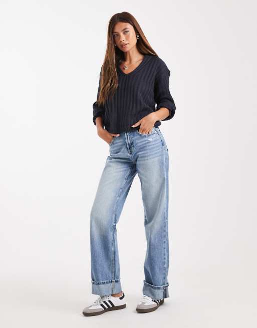 Brave Soul - Geribbelde trui met V-hals in marineblauw, 3 van 4