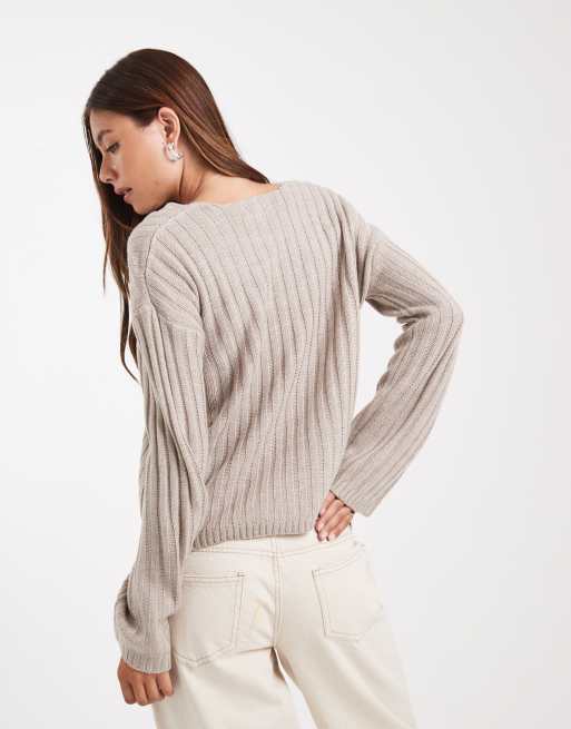 Brave Soul - Geribbelde trui met V-hals in taupe, 4 van 4