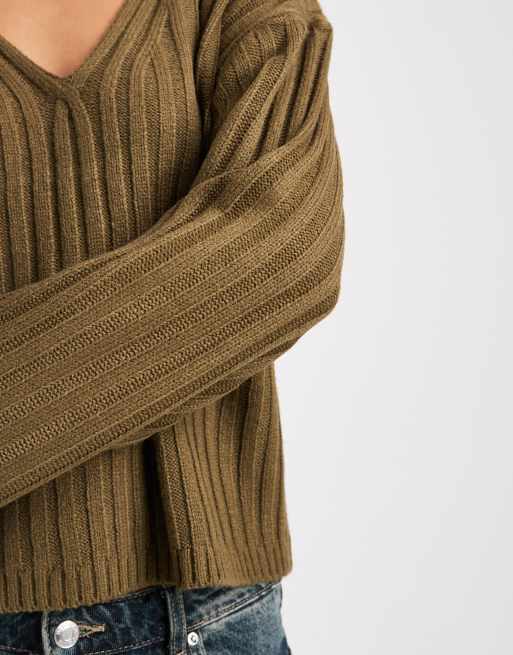 Brave Soul – Gerippter Pullover in Khaki mit V-Ausschnitt, 3 von 4