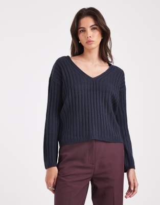 Brave Soul - Gerippter Pullover in Marineblau mit V-Ausschnitt