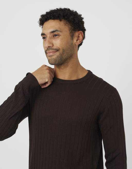 Brave Soul gerippter Pullover mit Rundhalsausschnitt in Schokobraun, 4 von 4