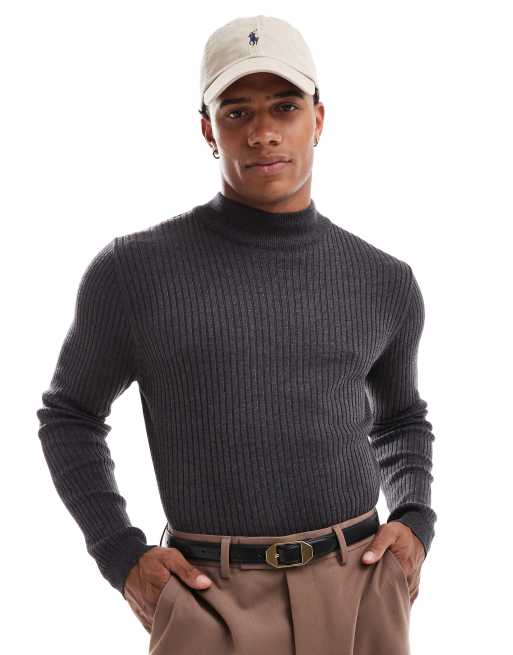 Brave Soul – Gerippter Strickpullover aus Baumwolle in Dunkelgrau mit Stehkragen