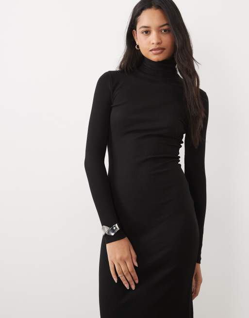Brave Soul geripptes Maxikleid mit langen Ärmeln, Rollkragen und Schlitzdetail in Schwarz, 2 von 4