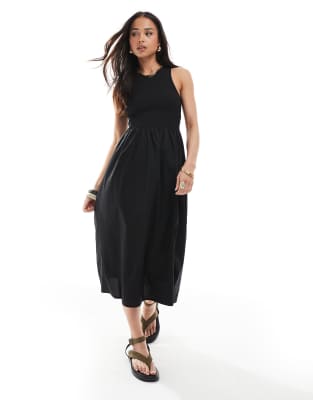Brave Soul - Geripptes Midikleid in Schwarz mit Popeline-Rock