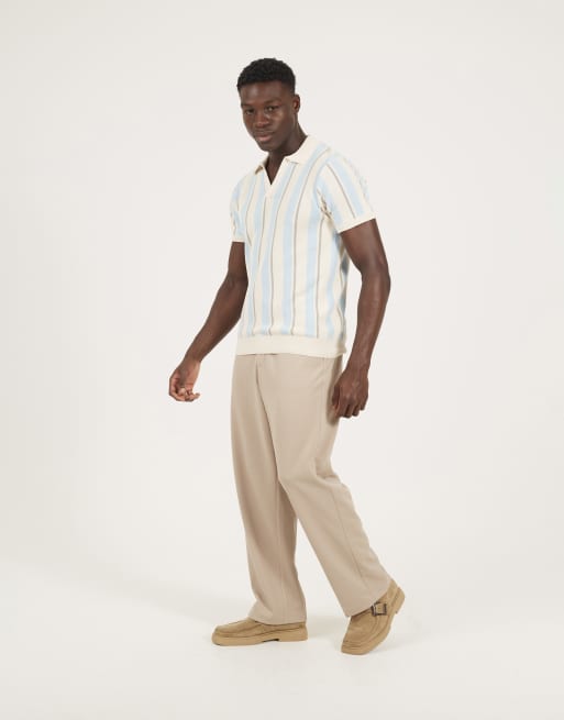 Brave Soul gestreept gebreid poloshirt met trofeehals in crème, 3 van 4