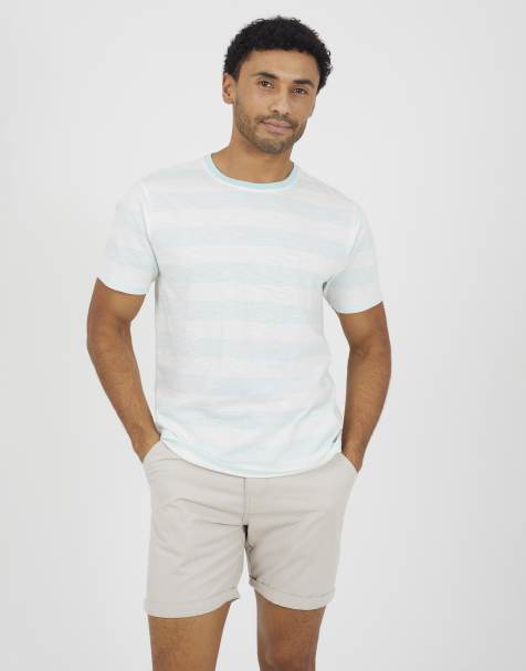 Brave Soul - Gestreept T-shirt met contrasterende ronde hals in mintgroen - view 1