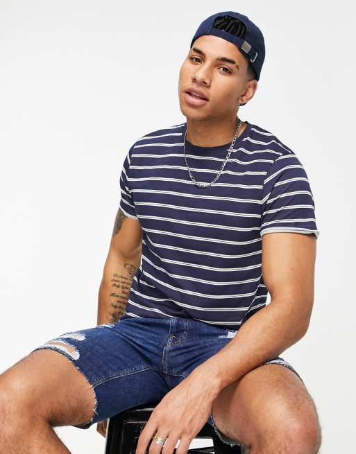 Brave Soul - Gestreept T-shirt met ronde hals in marineblauw