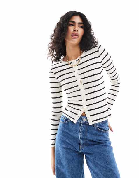 Brave Soul - Gestreept vest met lange mouwen en knoopsluiting in crème en zwart - view 1