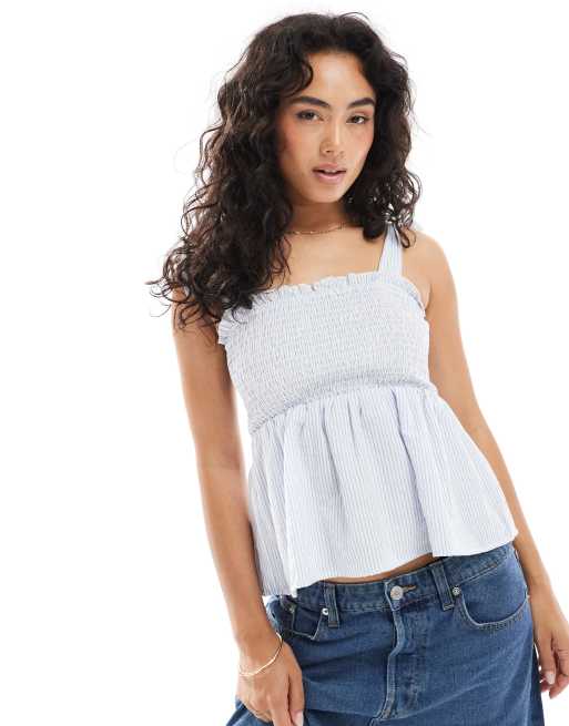 Brave Soul - Gestreepte camitop van katoenmix met bandjes en smokwerk in blauw en wit