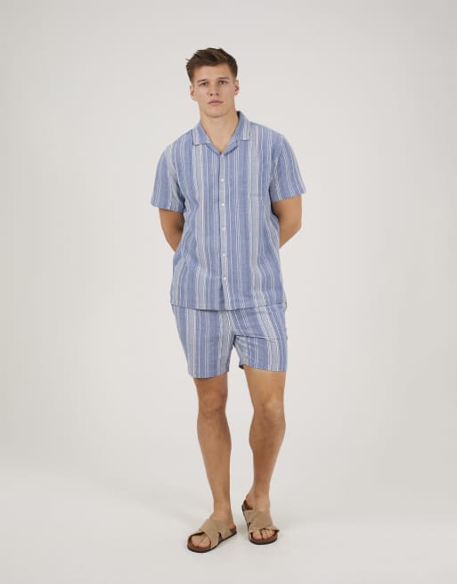 Brave Soul - Gestreepte katoenen short in blauw, 2 van 3
