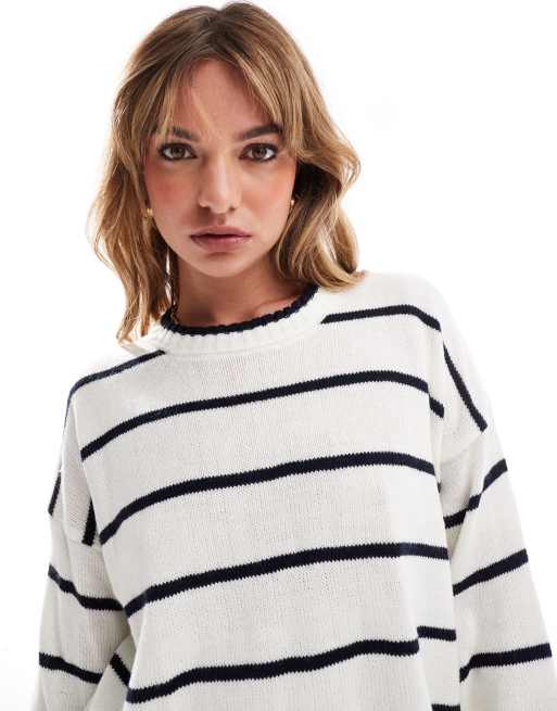 Brave Soul - Gestreepte trui met ronde hals in wit en marineblauw
