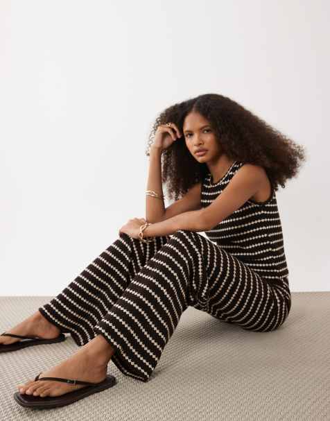 Brave Soul – Gestreifte Strickhose in Braun und Cremeweiß mit weitem Bein, Kombiteil - view 1