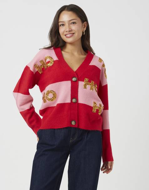 Brave Soul gestreifte Strickjacke mit Pailletten-Applikation zu Christmas in Rot - view 1