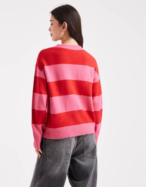 Brave Soul – Gestreifter Pullover in Rosa und Rot mit Rundhalsausschnitt und Pailletten-Schleifen, 2 von 4