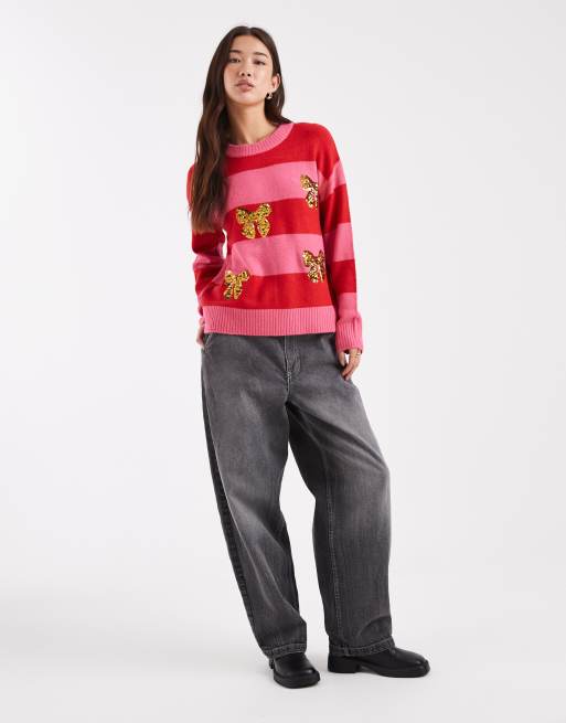 Brave Soul – Gestreifter Pullover in Rosa und Rot mit Rundhalsausschnitt und Pailletten-Schleifen, 3 von 4