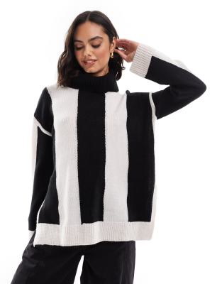 Thumbnail - Brave Soul - Gestreifter Strickpullover in Schwarz und Cremeweiß mit Rollkragen