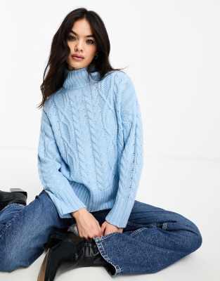 Brave Soul - Gestrickter Rollkragenpullover in Blassblau mit Zopfmuster