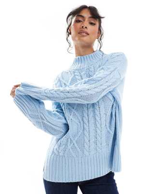 Brave Soul - Gestrickter Rollkragenpullover in Blassblau mit Zopfmuster