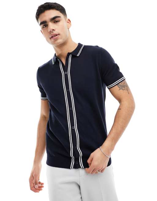 Brave Soul – Gestricktes Polohemd in Marineblau mit Zierstreifen
