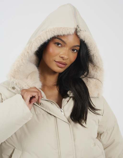 Brave Soul gewatteerd jack met faux-fur capuchon in crème, 4 van 4
