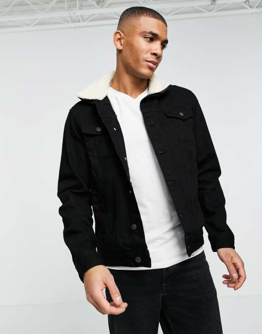 Brave Soul - Giacca di jeans nera con colletto in pile borg rimovibile