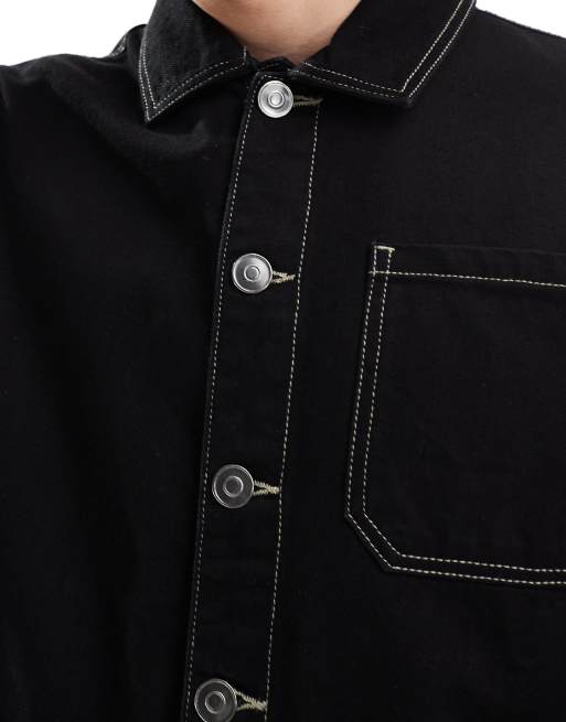 Brave Soul - Giacca di jeans nera con cuciture a contrasto in coordinato, 3 di 4