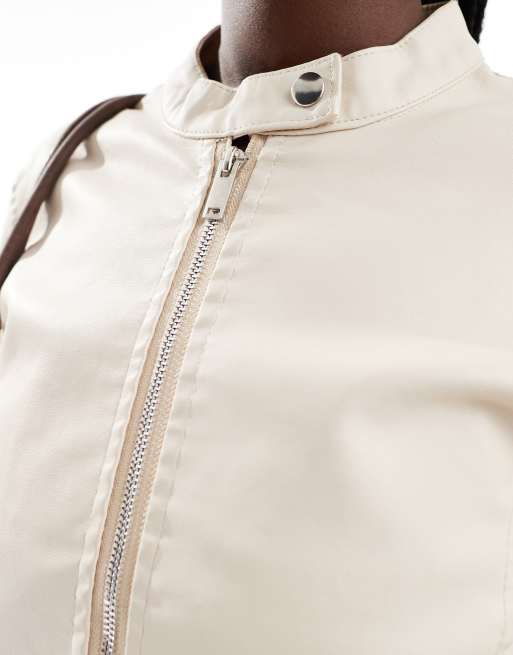 Brave Soul - Giacca stile biker in pelle sintetica crema, 3 di 4