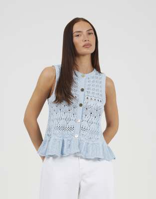 Gilet de costume en maille pointelle à ourlet volanté - Bleu 42