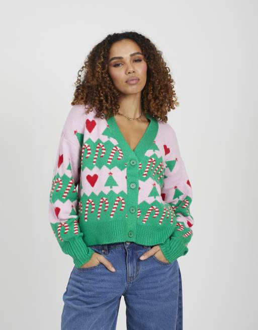 Brave Soul - Gilet de Noël à col en V et motif jacquard - Vert, 3 de 4