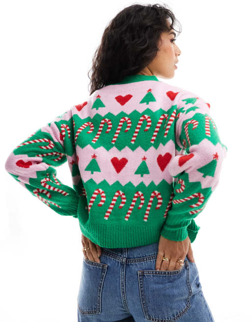 Brave Soul - Gilet de Noël boutonné en maille jacquard - Vert et rose , 4 de 4