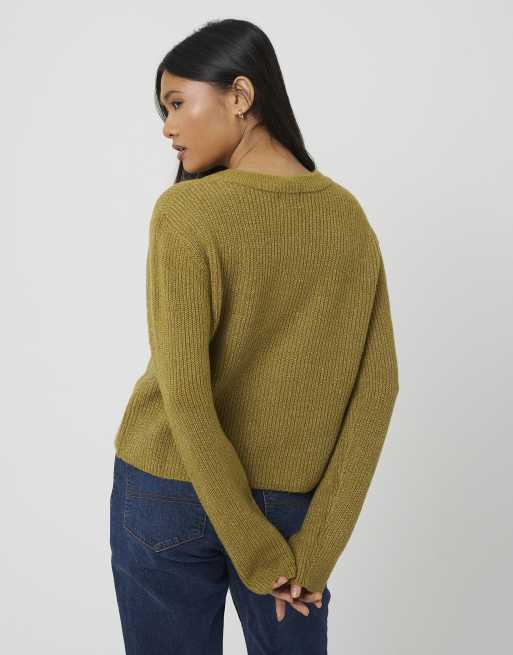 Brave Soul gilet en maille à manches longues couleur olive, 2 de 4