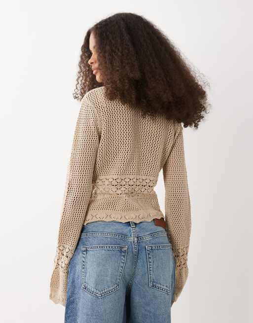 Brave Soul - Gilet en maille au crochet noué devant à manches évasées - Taupe, 4 de 4